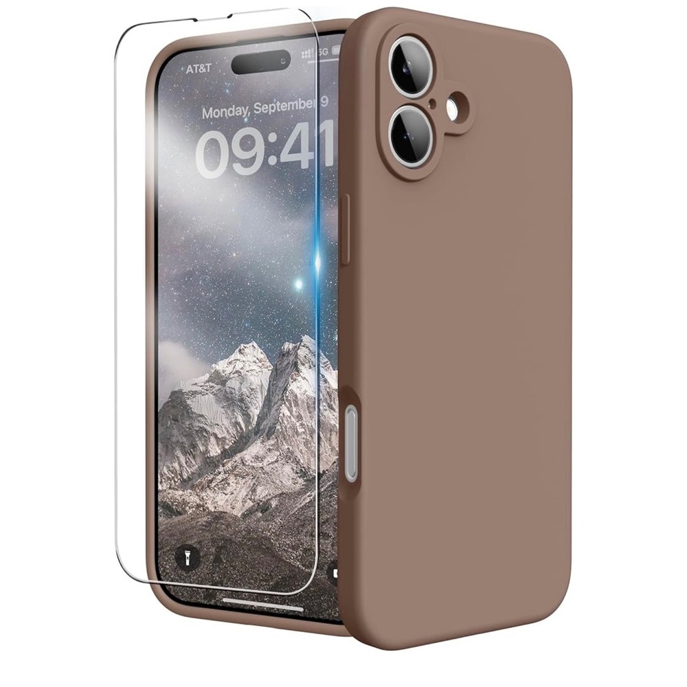 iPhone 16 Case with Tempered Glass Screen Protector, Liquid Silicone Brown